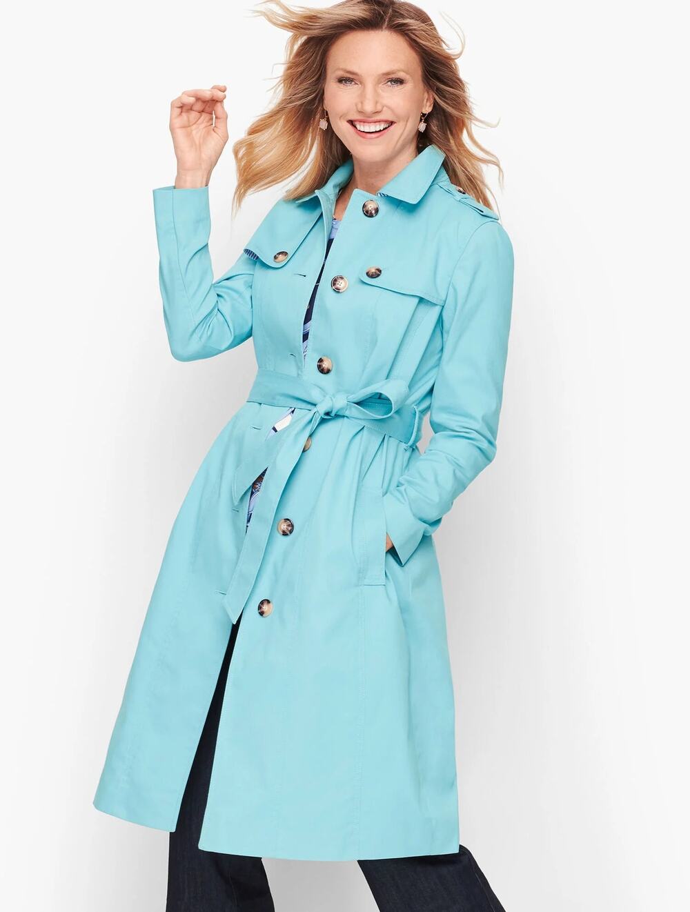 Talbots Classic Trench Coat Jacket, Turquoise, Tortoise Buttons, Plus Sz 3X